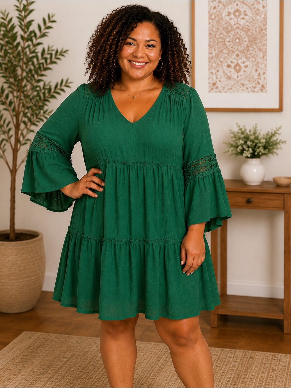 Indigo Rose 2X Teal Green Tiered Dress Lace Sleeve Boho Peasant Lined